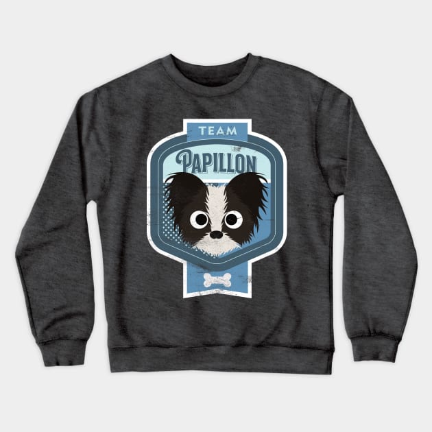 Team Papillon - Distressed Butterfly Dog Beer Label Design Crewneck Sweatshirt by DoggyStyles